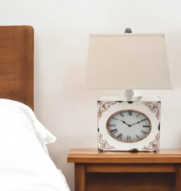 Vintage Metal Clock Base Table Lamp - White