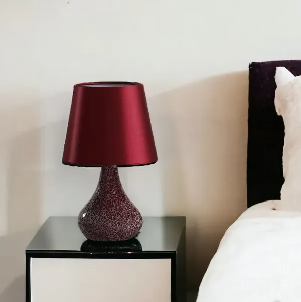 Resin And Glass Mosaic Crackle Accent Lamp With Burgundy Drum Shade - Red