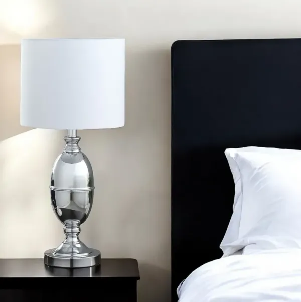 Metal Urn Table Lamp With White Drum Shade - Silver