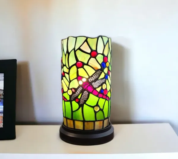 Dragonfly Stained Glass Accent Lamp - Green And Pink