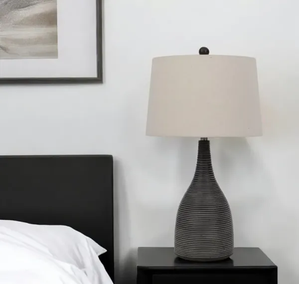 Ceramic Round Table Lamp With Beige Empire Shade - Black