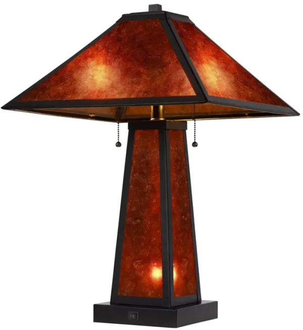 Metal Two Light Table Lamp With Amber Square Shade - Burnt Orange