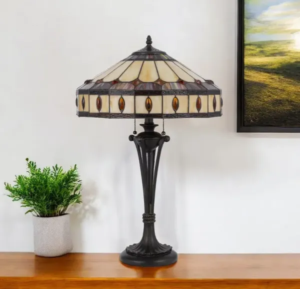 Metal Two Light Candlestick Table Lamp With Ivory And Red Dome Shade - Black