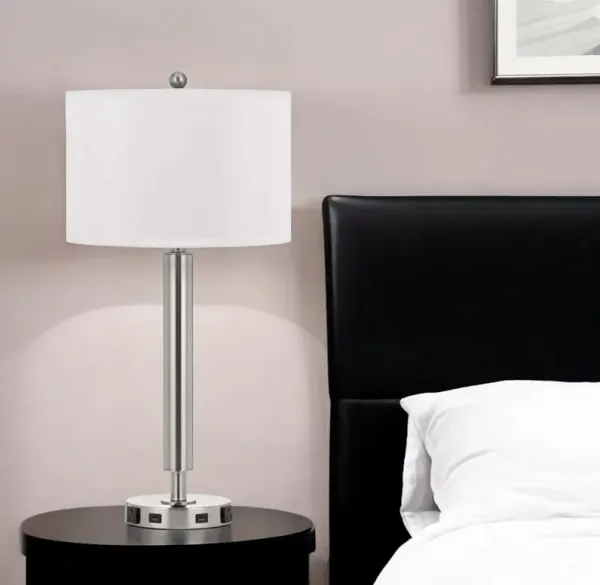 Metal Cylinder USB Table Lamp With White Drum Shade - Nickel