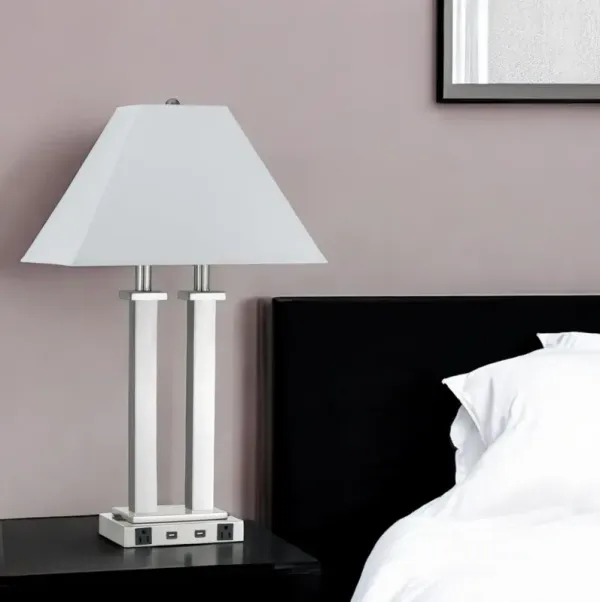 Metal Two Light Desk USB Table Lamp With White Novelty Shade - Nickel