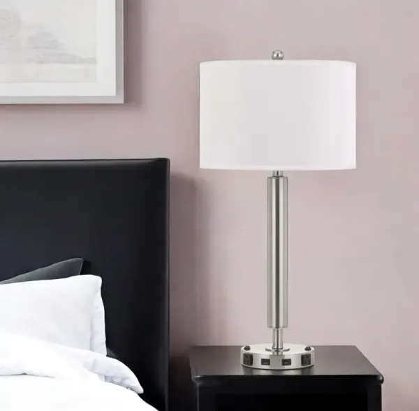 Metal Two Light Cylinder USB Table Lamp With White Drum Shade - Nickel