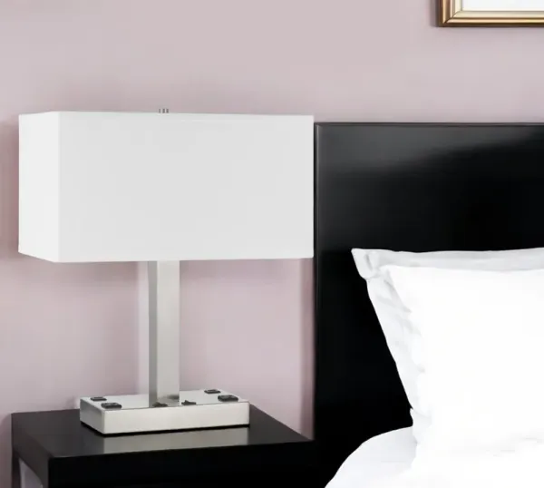 Metal Two Light Desk USB Table Lamp With White Shade - Nickel