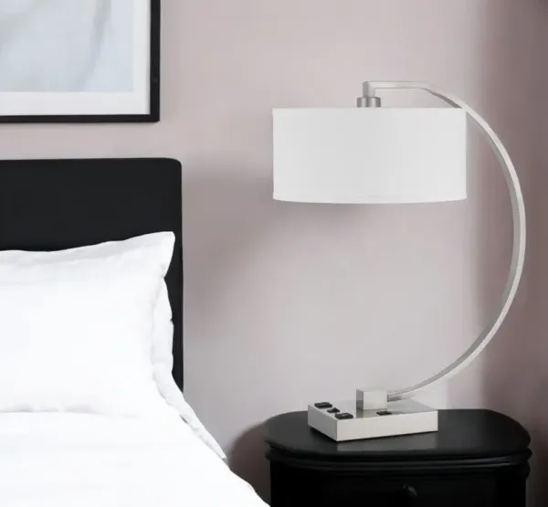 Metal Lantern Desk USB Table Lamp With White Shade - Nickel