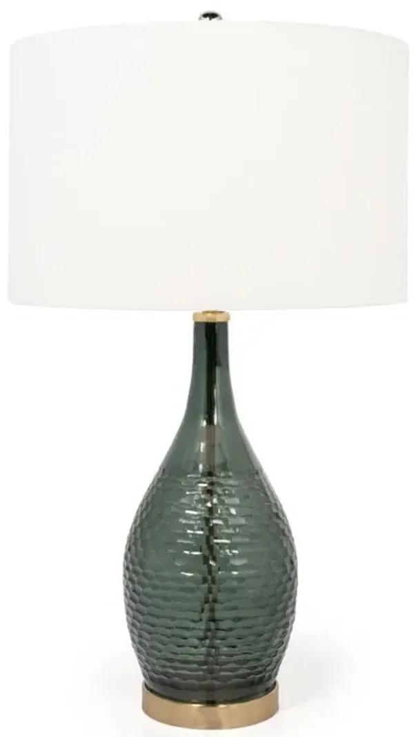 Glass LED Table Lamp With White Drum Shade - Blue Green