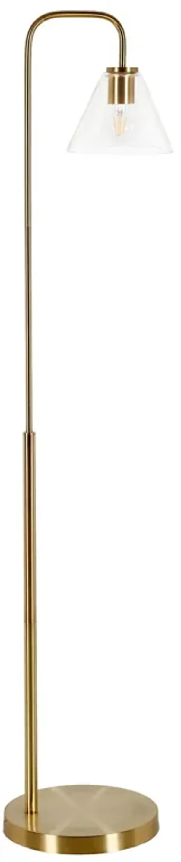 Arched Floor Lamp With Clear Transparent Glass Cone Shade - Brass