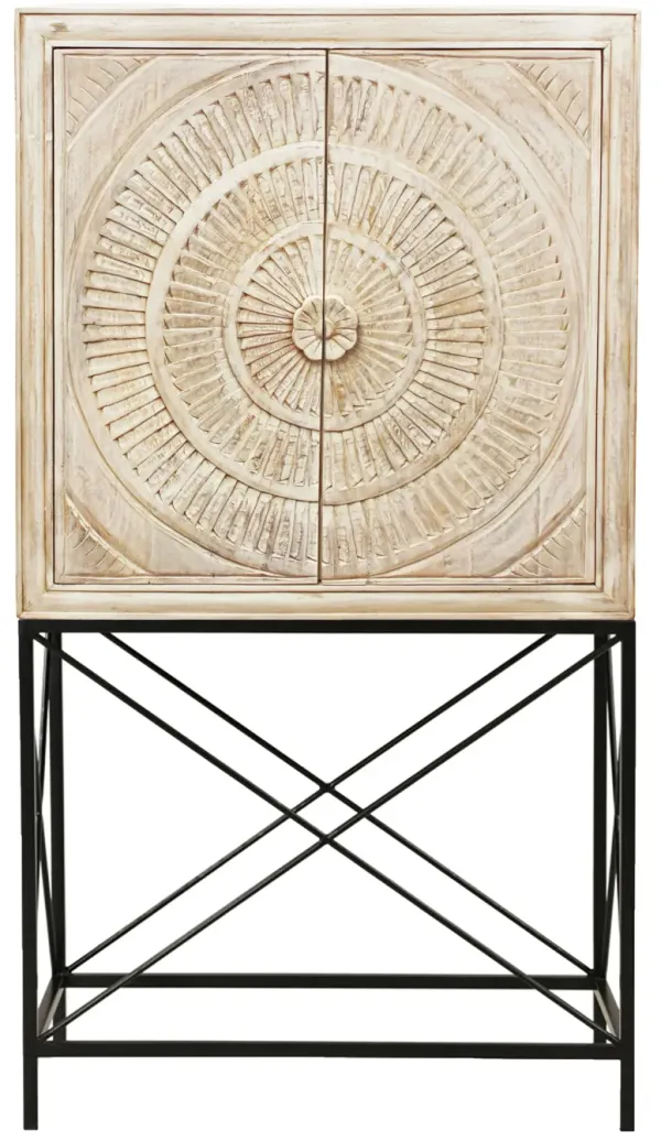 Solid Wood Two Door Floral Carved Wine Cabinet - Distressed White