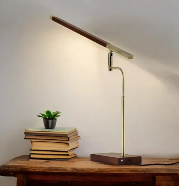 Metal Adjustable LED Desk Lamp With USB Port - Walnut Wood Finish And Antique Brass