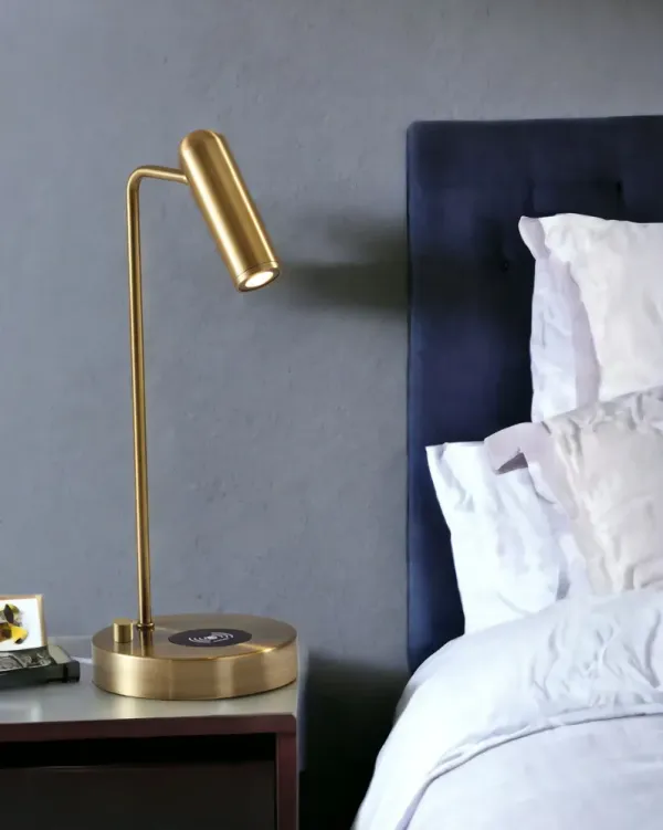 Metal LED Desk Lamp With USB And Wireless Charging - Brass