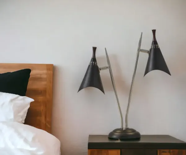 Metal Two Light Desk Lamp With Black Cone Shades - Black And Silver