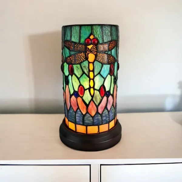 Dragonfly Stained Glass Accent Lamp - Green Brown And Orange