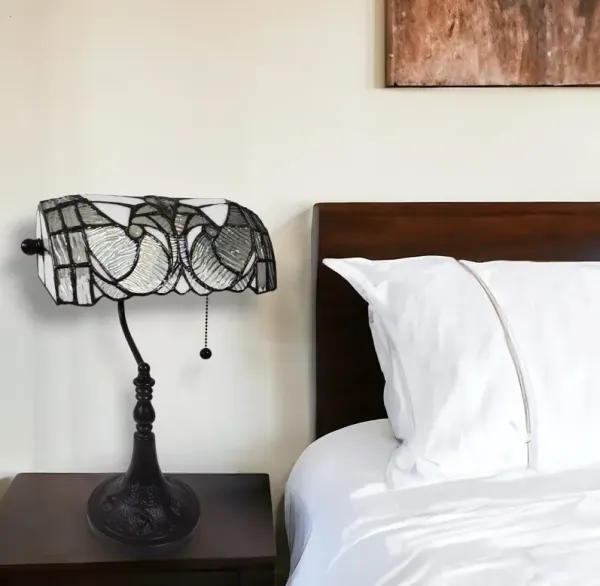 Table Lamp With White And Silver Shade - Dark Brown