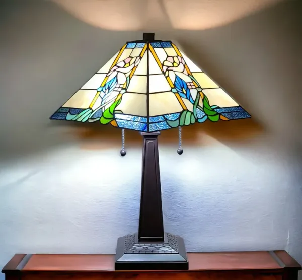 Metal Two Light Candlestick Table Lamp With Blue And Beige Shade - Dark Brown