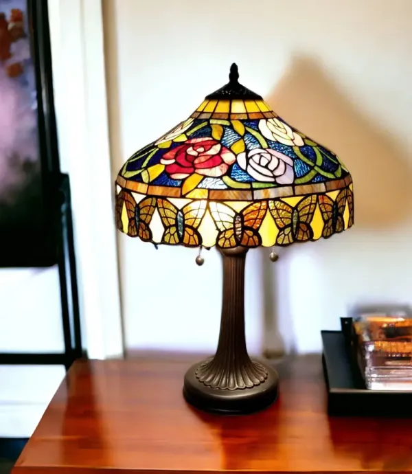 Metal Two Light Candlestick Table Lamp With Red And Black Shade - Dark Brown