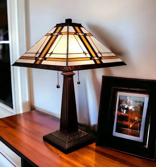 11" x 21" x 22" Metal Two Light Candlestick Table Lamp With Shade - Dark Brown / Beige