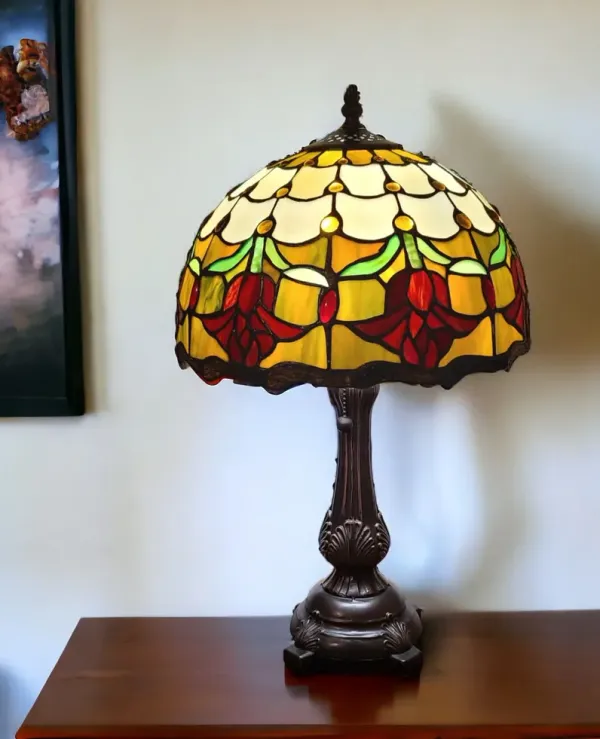 Metal Candlestick Table Lamp With Orange Dome Shade - Dark Brown