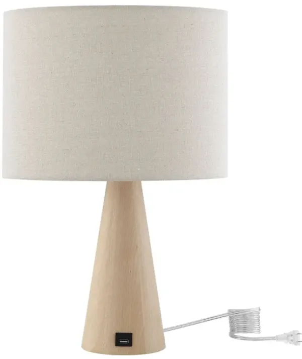 Solid Wood USB Table Lamp With Beige Drum Shade - Beige