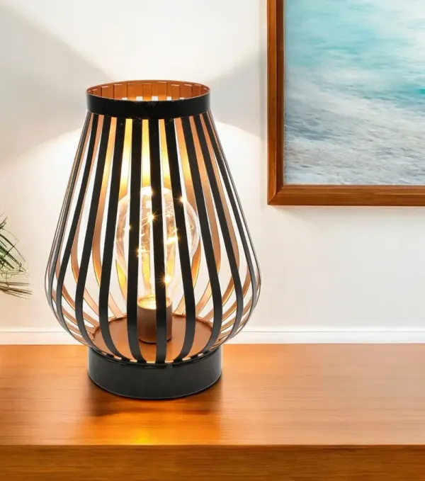 Metal Lantern Bedside Lamp LED With Black Novelty Shade - Black