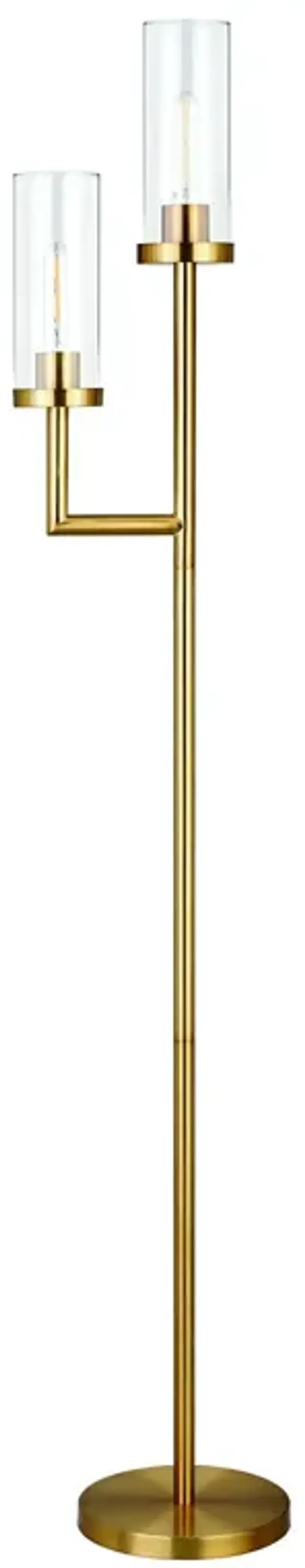 Two Light Torchiere Floor Lamp With Clear Transparent Glass Drum Shade - Brass