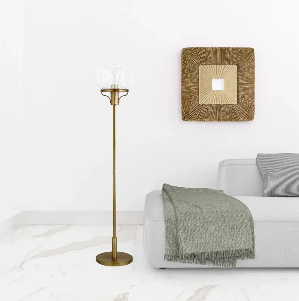 Novelty Floor Lamp With Clear Seeded Glass Globe Shade - Brass