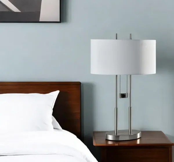 Metal Bedside Table Lamp With White Shade - Silver