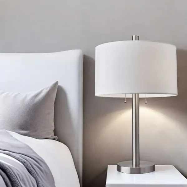 Metal Two Light Bedside Table Lamp With White Drum Shade - Silver