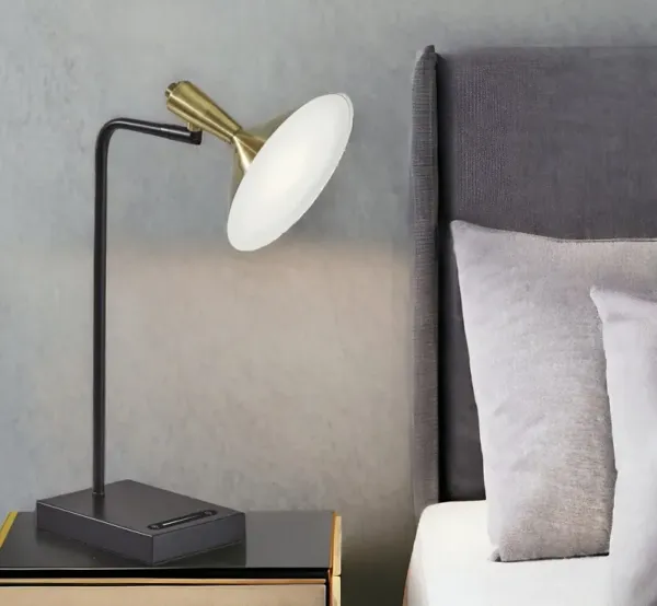 Metal LED Desk Table Lamp With USB And Antiqued Brass Cone Shade - Black