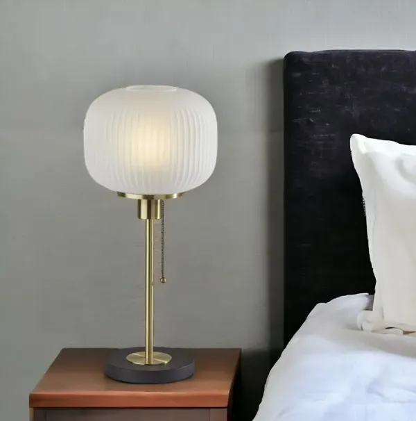 Table Lamp With White Ribbed Frosted Glass Dome Shade - Antiqued Brass