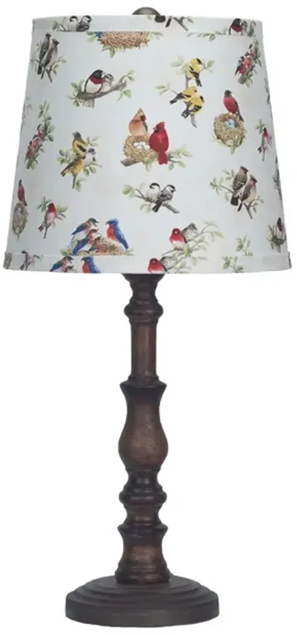 Traditional Table Lamp With Birds Printed Shade - Distressed Brown