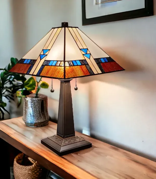 22" Metal Two Light Candlestick Table Lamp With Empire Shade - Dark Brown / Off-White / Blue