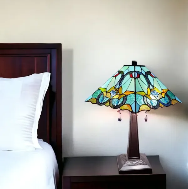 Metal Two Light Table Lamp With Blue And Green Cone Shade - Dark Brown