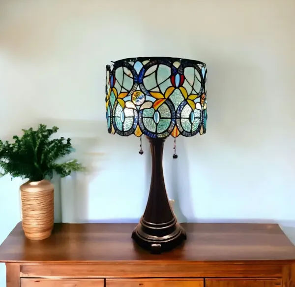 Metal Two Light Candlestick Table Lamp With Green Shade - Dark Brown