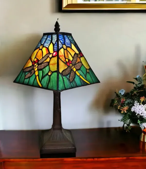 Metal Candlestick Table Lamp With Green Empire Shade - Dark Brown