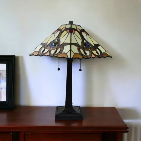 Metal Two Light Candlestick Table Lamp With Beige Empire Shade - Dark Brown