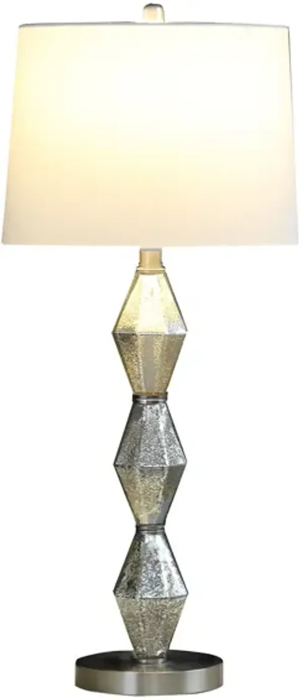 Geo Glass Table Lamp With White Shade - Brushed Silver