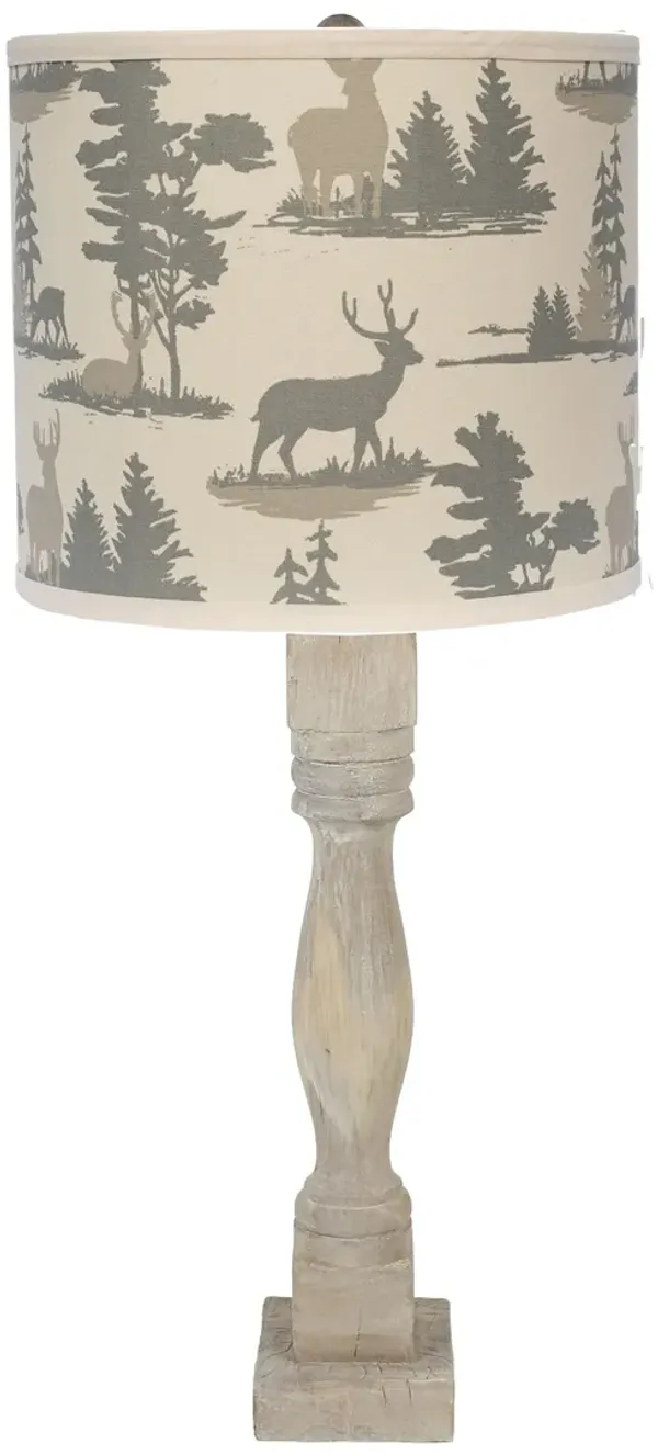 Table Lamp With Ivory And Gray Woodland Deer Drum Shade - Rustic Gray Whitewash