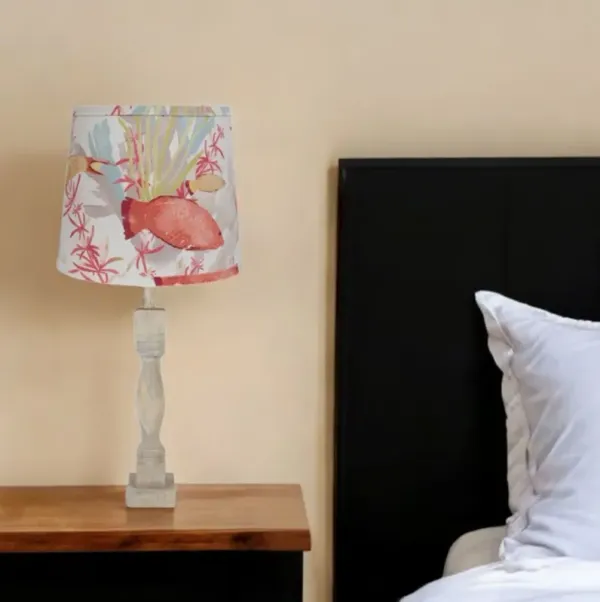 Solid Wood Table Lamp Coastal With Fish Empire Shade - Distressed Natural