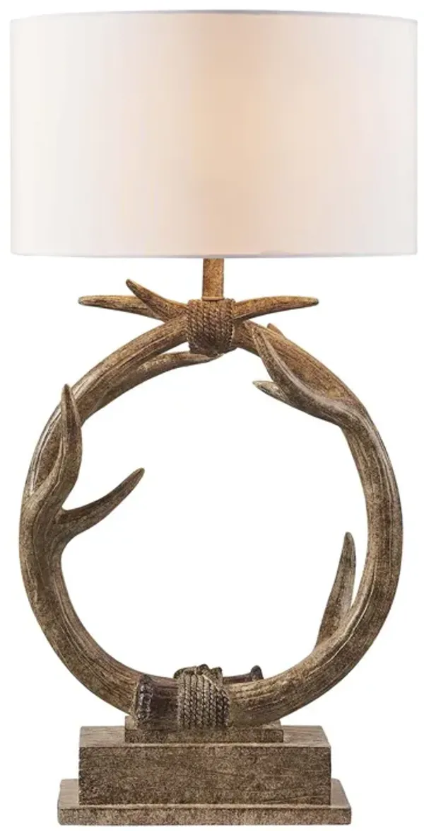 Rustic Faux Antlers Table Lamp With White Drum Shade - Brown