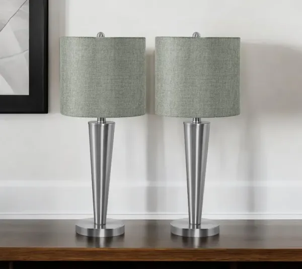 Metal Candlestick USB Table Lamps With Gray Drum Shade (Set of 2) - Silver