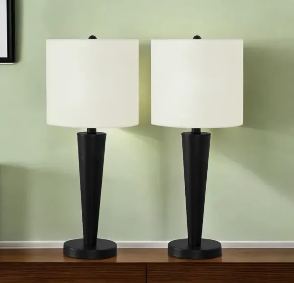 Metal Candlestick USB Table Lamps With Ivory Drum Shade (Set of 2) - Black