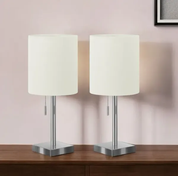 Metal Candlestick USB Table Lamps With Ivory Drum Shade (Set of 2) - Silver