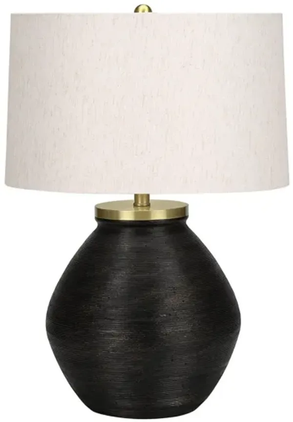 Concrete Round Table Lamp With Ivory Drum Shade - Black And Gold