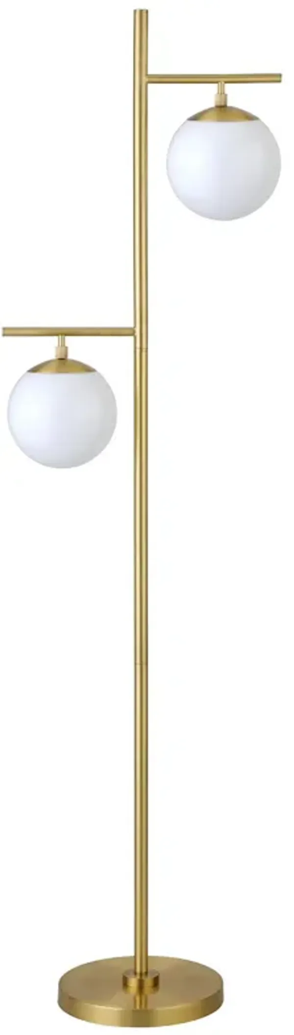 Two Light Tree Floor Lamp With White Frosted Glass Globe Shade - Brass
