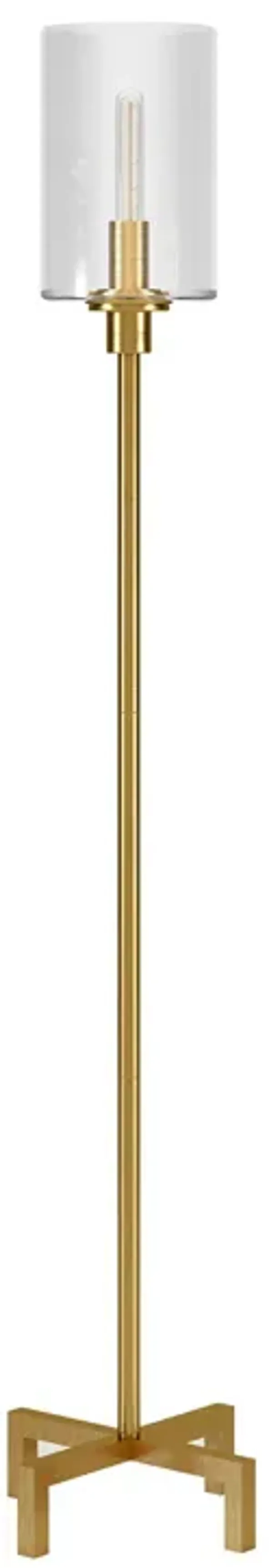Torchiere Floor Lamp With Clear Transparent Glass Drum Shade - Brass