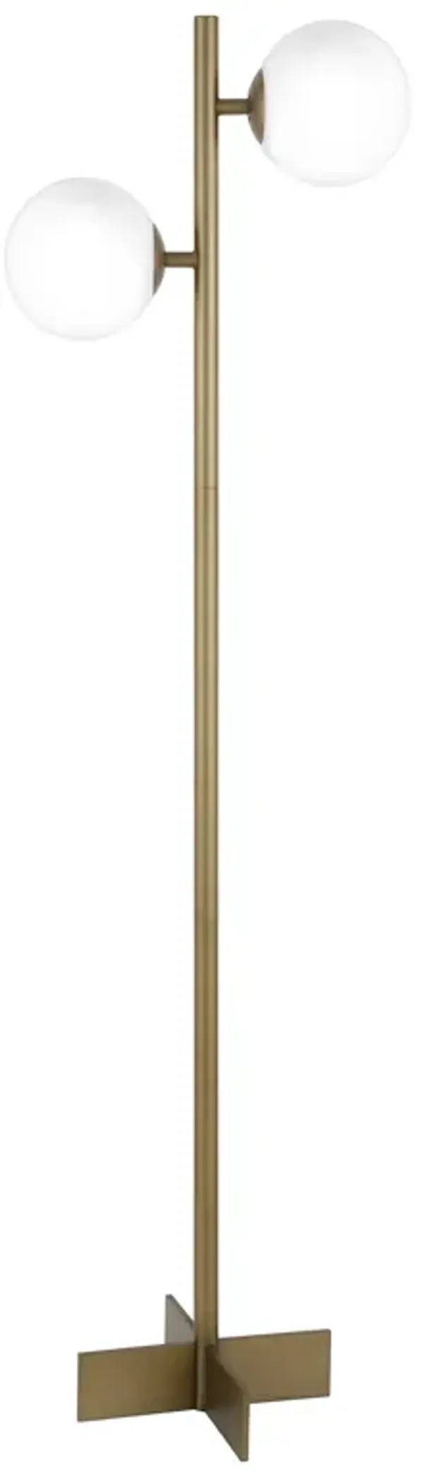 70" Two Light Tree Floor Lamp With White Frosted Glass Globe Shade - Brass