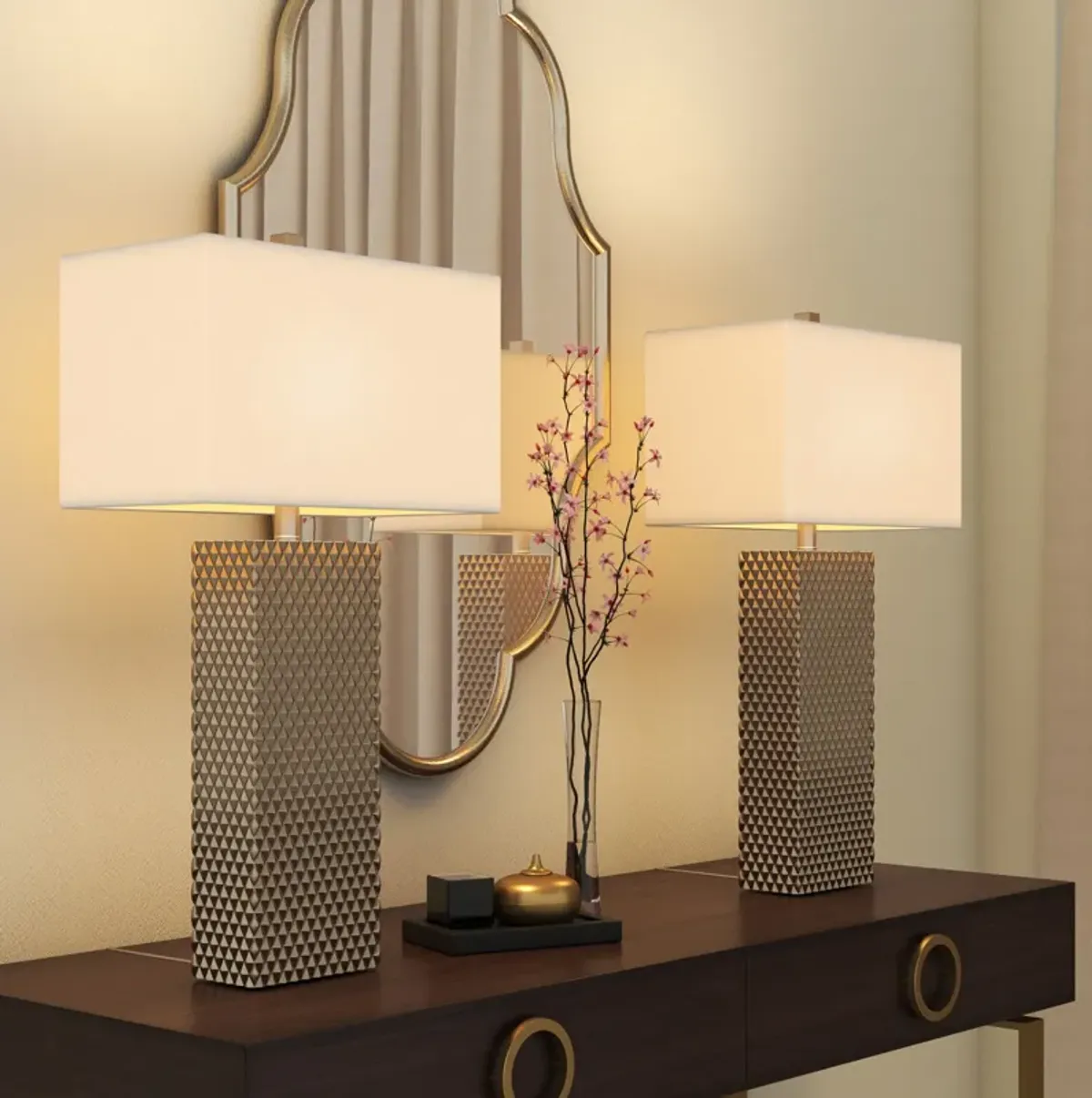 Waffle Table Lamps With White Shade (Set of 2) - Gold